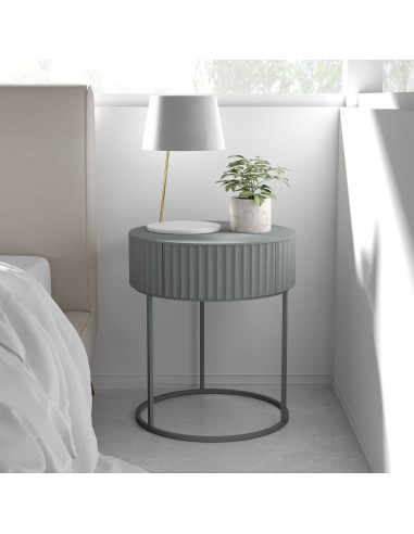 Rundt sidebord med skuffe i metal og MDF H46 x Ø40 cm - Grå