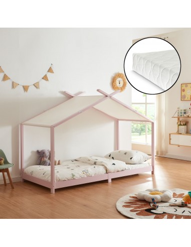 Børneseng husseng med madras i fyrretræ og polyester 200 x 90 cm - Rosa