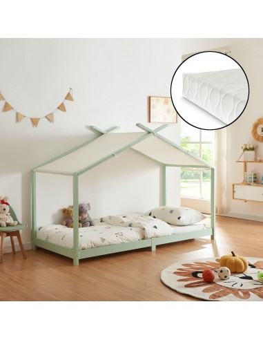 Børneseng husseng med madras i fyrretræ og polyester 200 x 90 cm - Mintgrøn