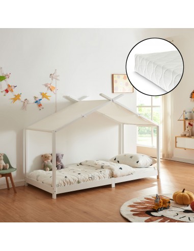 Børneseng husseng med madras i fyrretræ og polyester 200 x 90 cm - Hvid
