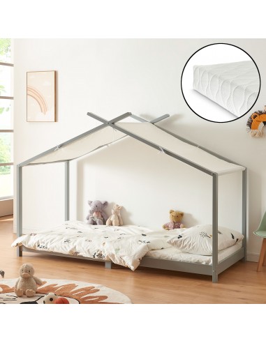 Børneseng husseng med madras i fyrretræ og polyester 200 x 90 cm - Grå