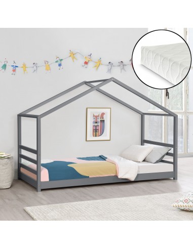 Børneseng husseng med madras i fyrretræ og polyester 200 x 90 cm - Grå