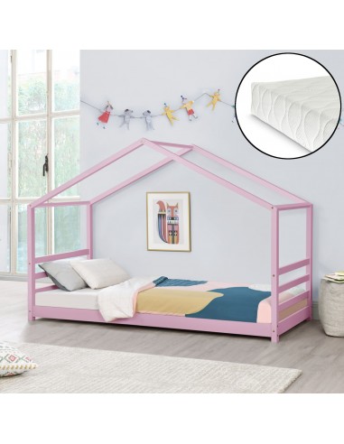 Børneseng husseng med madras i fyrretræ og polyester 200 x 90 cm - Rosa