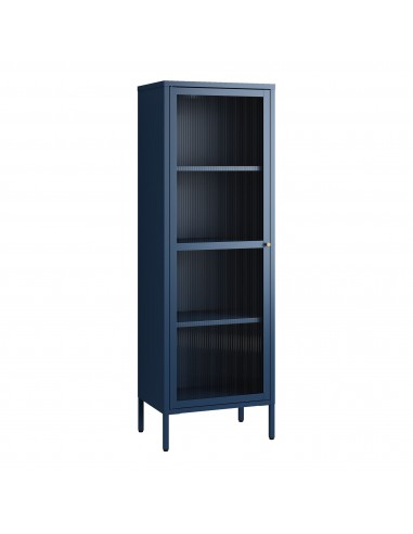 Saky smalt vitrineskab i stål og glas 150 x 50 x 35 cm - Mat navyblå/Rillet glas