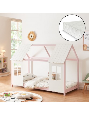 Børneseng husseng med madras i fyrretræ og polyester 200 x 90 cm - Hvid/Rosa
