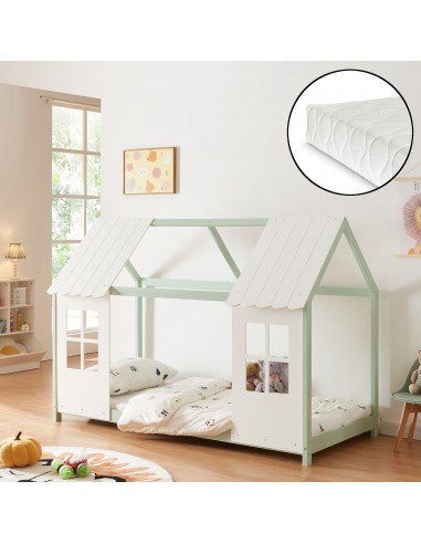 Børneseng husseng med madras i fyrretræ og polyester 200 x 90 cm - Hvid/Mintgrøn