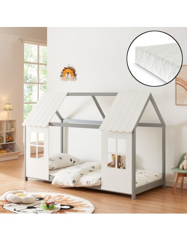 Børneseng husseng med madras i fyrretræ og polyester 200 x 90 cm - Hvid/Grå