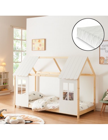 Børneseng husseng med madras i fyrretræ og polyester 200 x 90 cm - Hvid/Natur