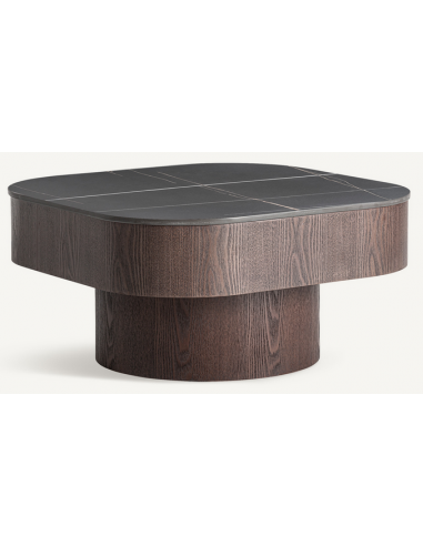 Sofabord i finér og keramisk marmor H35 x B70 x D70 cm - Brun/Gråsort marmor