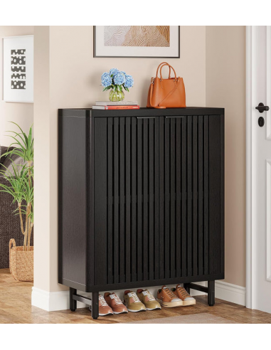 Skoskab i metal og MDF H110 x B85 x D35 cm - Sort/Mørkebrun