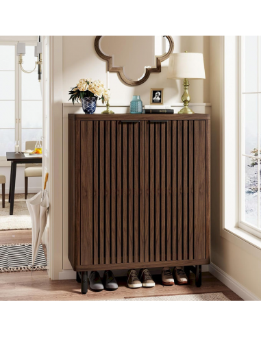 Skoskab i metal og MDF H110 x B85 x D35 cm - Sort/Mørk nøddebrun