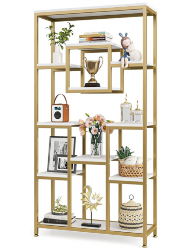 Bogreol i metal og møbelplade H182,5 x B90 x D34 cm - Mat guld/Hvid