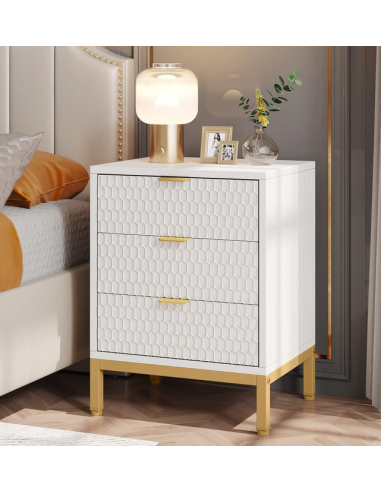 Sengebord med skuffer i metal og MDF H65,5 x B50 x D40 cm - Mat guld/Hvid