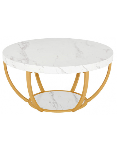 Rundt sofabord i metal og møbelplade H44 x Ø80,5 cm - Guld/Hvid marmoriseret