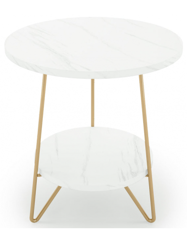 Rundt sidebord i metal og møbelplade H55 x Ø48 cm - Guld/Hvid marmoriseret