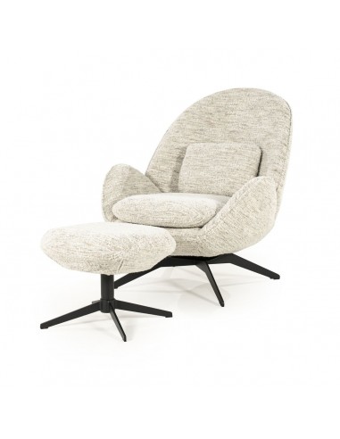 RYAN Lænestol med skammel og drejefod i bouclé polyester H86 cm - Sort/Beige