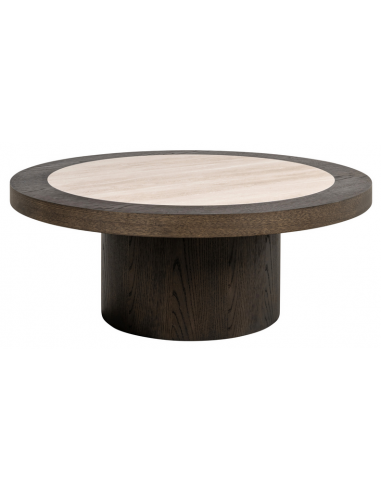 NANDO Rundt sofabord i MDF, egetræsfinér og keramik Ø100 cm - Brun/Travertin