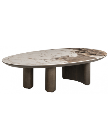 LANGFORD Ovalt sofabord i egetræsfinér, MDF og keramik 135 x 80 cm - Brun/Brun marmor