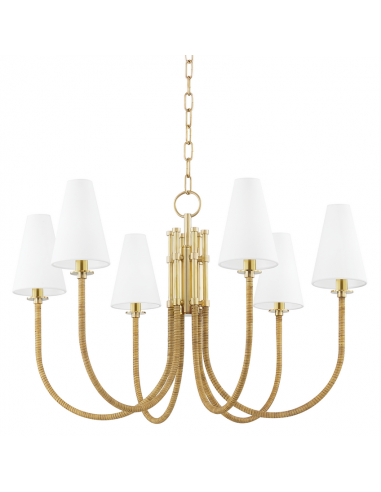 RIPLEY Lysekrone i stål, rattan og linned Ø80 cm 6 x E14 - Aldret messing/Natur/Hvid