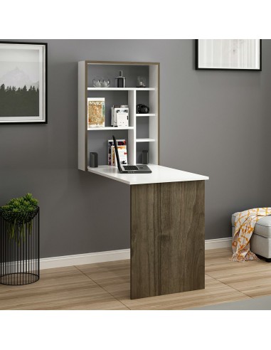 Klap skrivebord til væg i møbelplade H75 - 157 cm - Hvid/Valnøddebrun