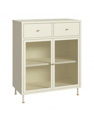 Lavt vitrineskab i stål og glas H97 x B80 x D40 cm - Cremehvid/Klar rillet