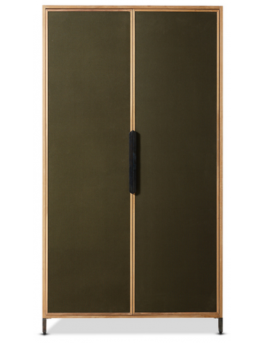 PIONEER Vitrineskab i jern, fyrretræ og kanvas H180 cm - Industrielt sort/Rustik natur/Mørkegrøn