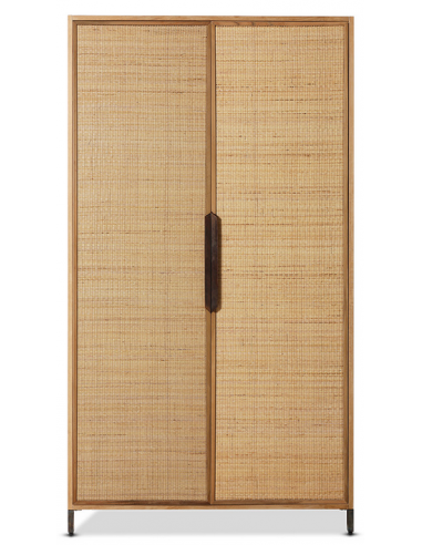 PIONEER Vitrineskab i jern, fyrretræ og rattan H180 cm - Industrielt sort/Rustik natur