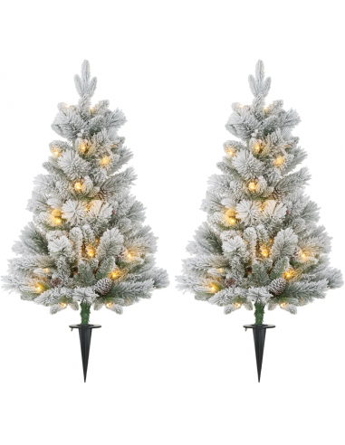 Sæt med 2 x kunstige juletræer med sne og led lys H107 x Ø55 cm - Hvid