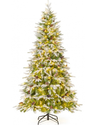 Kunstigt juletræ med sne, kogler og led lys H190 x Ø90 cm - Grøn/Hvid