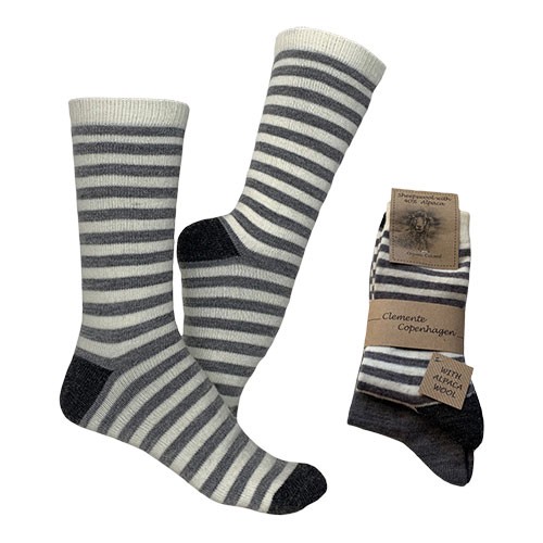 Strømper grå/hvidstribet & hvid Alpaka - str. 39/42 2-par - Clemente