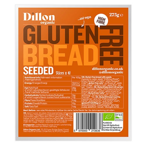 Glutenfrit brød med frø (skiveskåret) Økologisk - 275 gram - Dillon Organic