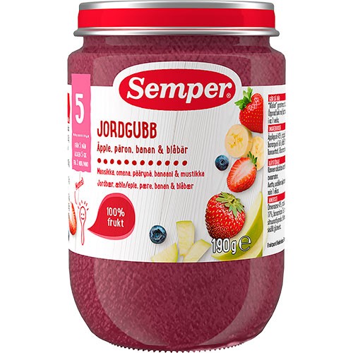 Frugtpure m jordbær,æble,pære,banan & blåbær 5 mdr - 190 gram
