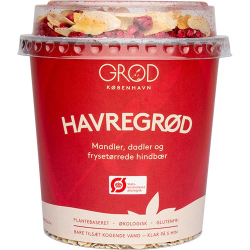 Havregrød m. mandler, frysetørrede hindbær Økologisk & dadler - 68 gram - GRØD