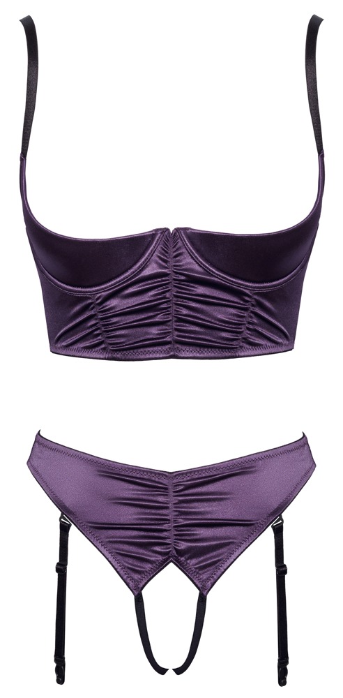 Åben BH plus trusse med seler af stretch satin i ædel lilla med sorte detaljer