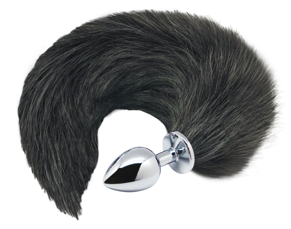"Black & White Fox Tail Mâ metal anal plug med faux fur hale på stopperen